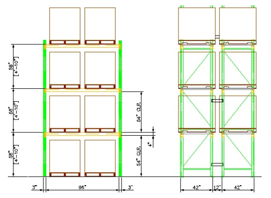 AutoCAD drawing of pallet rack with dimensions