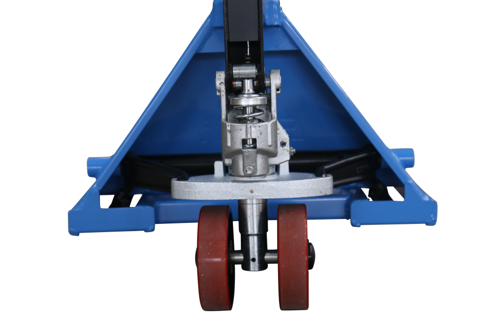 Close up view of the pumping mechanism of a hand pallet truck and wheels